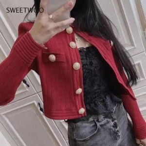 Cardigans High Quality Fashion Women Autumn Winter Vintage Elegant Metal Copper Button LongSleeved Knitted Cardigan Sweater Top Jacket