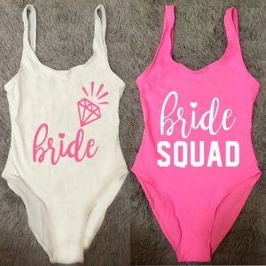 Swimwear Sexy One Piece Swimsuit High Cut Swimwear Women Bride Squad Print Bathing Suit monokini Bodysuit large size Wedding Party Pink