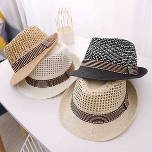 Wide Brim Hats Bucket Hats Summer Beach Childrens Straw Hat Jazz Panama Baby Net Sun Hat Solid Ribbon Casual Childrens Cowboy Hat J240305