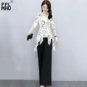 Ternos elegantes finos impressão conjuntos de duas peças feminino verão fino terno de escritório moda vneck meia manga topos cintura alta calças largas perna terno