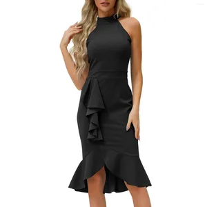 Casual Dresses 2024 Women's Sexy Bag Hip Slim-fit Stand Collar Solid Color Sleeveless Ruffled Fishtail Skirt Dress Official Store