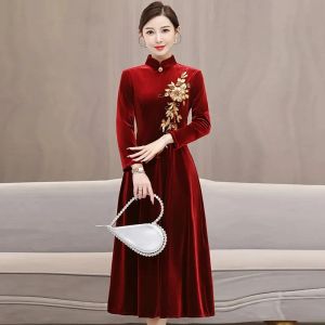 Vestido cheongsam novo chinês manga longa veludo bordado vestido de casamento outono e inverno 2023 nova mãe vestido de casamento saia mulher