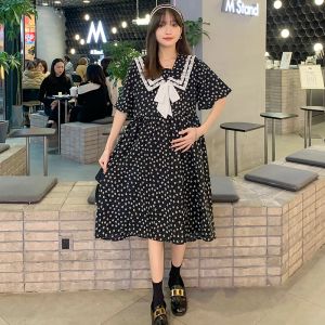 Dresses Short Sleeve Summer Pregnant Women Dress Lace Patchwork Sailor Collar Maternity Floral Dress Black White Pregnancy Chiffon Dress