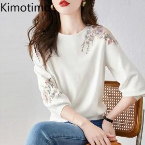 Pulôveres kimotimo bordado flor oco camisola feminina 2023 nova manga de três quartos fina malha topos coreano moda versátil pulôver