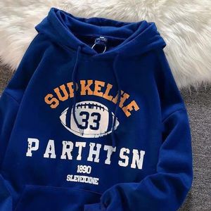 Womens Hoodies ALANOS Woman Winter Sweatshirt Letter Print Hooded Pullovers Korean Fashion Loose Blue Fleece Pullover Women Clothing