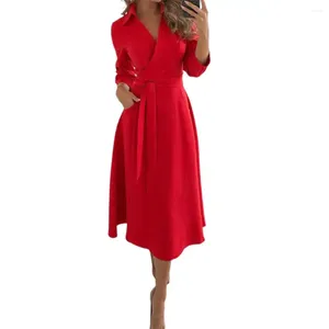 Casual Dresses Elegant Women Dress A-Line Big Swing Belt Tight High midje Vestidos Robe Long Sleeve Pockets Party Midi