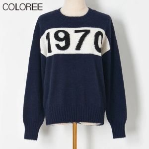 Pullovers 1970 Sticked Pull Femme Brand Designers Oneck Långärmad Navy Knit Sweater Women 2023 Korean Fashion Autumn Winter Clothes