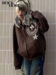 Rockmore Kunstpelzkragen Hoodie Harajuku Casual Print Lose Sweatshirts Damen Herbst Y2K Vintage Kapuzenreißverschluss Jacken Grunge 240219