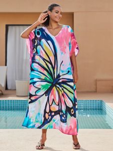 Cover-up Butterfly Beach Dresses Geometric Printed Kaftans for Women Maxi Robe Swimsuit Cover Ups Holiday Beachwear Hot Sales