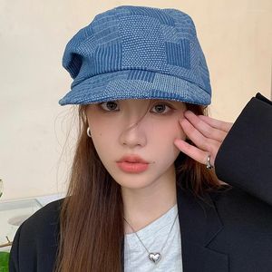 Berets Korean Cowboy Beret Women's Retro Plaid Octagonal Hat Big Head Versatile Painter Spring Autumn Casual British Sboy Cap