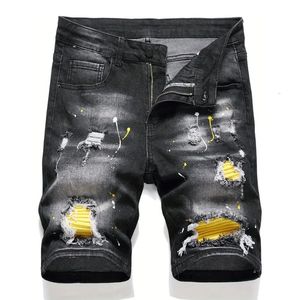 Summer Mens Fashion Stretch Denim Shorts Retro High Street Style Old Slim Fit Short Jeans Splicing Design 98% Cotton Brand 240227