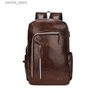 Sacos de fraldas Moda USB Carregamento Mens Mochila PU Couro Laptop Bag Trendy Man Travel Backpack Grande Capacidade Student School Bag para BoysL240305