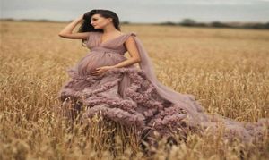 Lässige Kleider Dusty Pink Umstandskleid Roben für Po-Shooting oder Babyparty Rüschen Tüll Chic Frauen Nachthemd Pografie Robe5378970