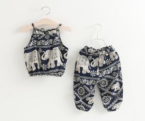 Summer Europe Fashion Girls Vintage Clothing Set Kids Oregelbundet Elefant Floral Suntop Pants Children 2st.