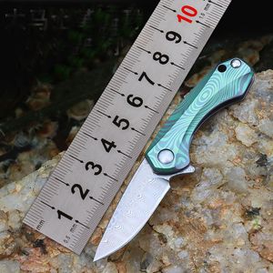 1st. Ny högkvalitativ VG10 Damascus Steel Mini Liten Flipper Folding Knife EDC Necklack Chain Knives Green TC4 Titaniumlegeringshandtag