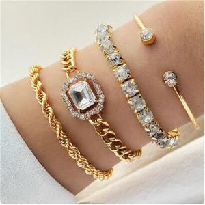Conjunto de 4 peças de pulseiras luxuosas para mulheres, cristal brilhante, corrente de abertura ajustável, pulseiras punk, joias da moda