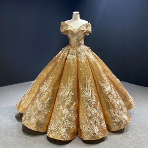 2024 neues glitzerndes Ballkleid-Hochzeitskleid, sexy, schulterfrei, 3D-Spitzenstickerei, Perlen, Vestido de Novia, goldfarbene Pailletten, luxuriöse Brautkleider, Pailletten, Boho-Roben de Mariee