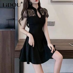 Dress Summer Stand Collar Lace Patchwork Slim Dress Women's Elegant Fashion High Waist Black Robe Femme Vesidos Ladies Sexy Dresses