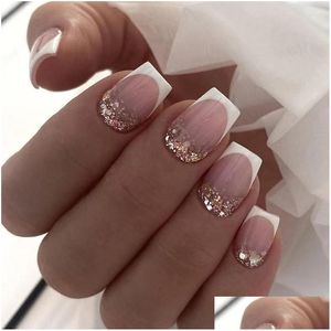 False Nails 2023 Short Square French Fake Nail Press On Gradient Glitter Designs Fler Artificial Simple Ins Art Drop Delivery Dhhit