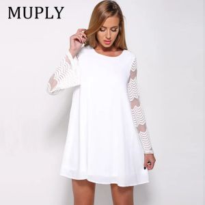 Dress Women's Autumn Round Neck Chiffon Sexy Net Yarn Lace Long Sleeve Loose Dress Vocation Design Elegant Black/White Plus Size