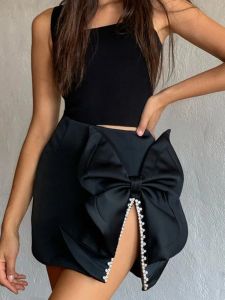 Klänningar kvinnor sommar kjol sexig designer bow slips svart delade diamanter kristall kjol hög gata designer fest minikjolar
