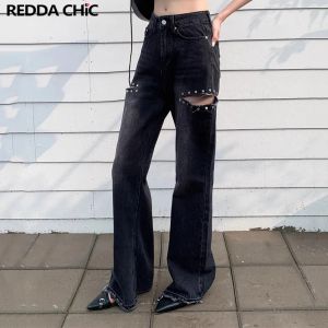 Jeans Reddachic -nitar rippade flare Jeans för kvinnor Hög midja Löst råa fettben Botkutbyxor utklippta byxor Koreanska streetwear