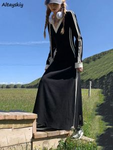 Sukienka Ulzzang AnkleLength Dress Women Autumn 2022 Nowy czarny vintage ins prosty temperament Y2K vneck koreański w stylu preppy młode dziewczyny