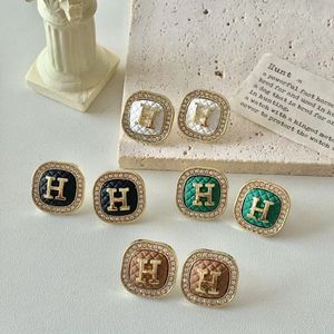 Trend personality square studded H letter earrings fashion luxury green S925 silver needle Joker earrings wholesale