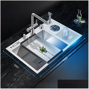 Kitchen Sinks 304 Stainless Steel 4Mm Thickness Handmade Brushed High Pressure Cup Washer Bar Counter Kitchen Sink With Knife Holder D Dh5O2