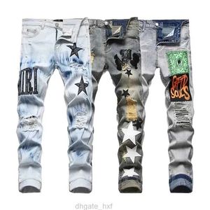 Designer Mens Jeans Calças Rasgado High Street Marca Pantalones Vaqueros Para Hombre Motocicleta Bordado Na Moda Long Hip Hop Com Buraco Azul Homens Roupas