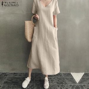 Elbise Zanzea 2023 Kadınlar Uzun Maxi Yaz Elbise Sıradan Pamuk Keten Bayanlar Büyük Cepler Beach Party Robe Femme Vestidos