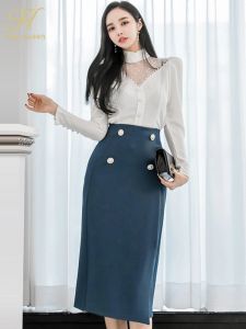 Anzüge H Han Queen Heiße Verkäufe Frauen Frühling Casual 2 Stücke Set Spleißhemd Top + Modeknöpfe Bleistiftrock Korean Chic Rock Anzug