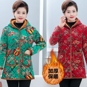 Parkas New Middleaged Winter Women Prints Cotton Jacket Plus velvet Warm Grandmother Outerwear Plus size Loose Hooded Coat