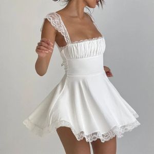 Elbise vintage saten sırtsız bandae aline elbise y2k peri kawaii vintage dantel kayış mini elbise kadınlar zarif akşam parti vestidos