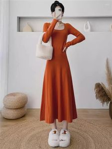 Casual Dresses Retro 2024 Autumn/Winter Square Neck Long Sleeved Knitted Dress For Women Slim A-Line Base Sweater Female Robe Z4732