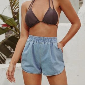 Shorts feminino sexy cintura alta azul jeans vintage 2023 moda irregular reta perna casual shorts verão novo streetwear praia