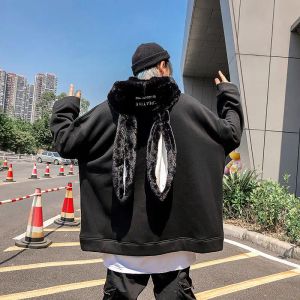 Jaquetas Outono Gótico Harajuku Estilo Casal Hoodie Doce Bonito Orelha de Coelho Pulôver Fashio Solto Slim Kawaii Jakcet Preto Animal Casaco Goth