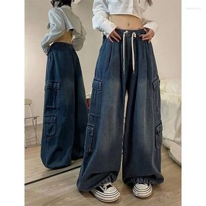 Women's Jeans Y2K Vintage Retro Blue Cargo Hip Hop Streetwear Pockets Denim Pants Oversized Harajuku 90S Baggy Wide Leg Trousers