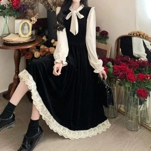 Kleid Lange Flare Hülse Kleider Frauen Bogen Französisch Stil Ins Schmeichelhafte Taille Frühling Herbst Patchwork Oneck Aline Geraffte Velour Chic