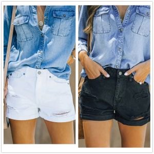 Shorts 2023 Summer Hot Sale Black and White Ripped Denim Shorts for Women mode High Stretch Rolled Hem Jeans Shorts S2XL