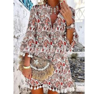 Bohemian New Print Sexy Vneck Fringe Three Quarter Sleeve Lace Up Knee Bene