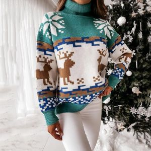 Pullovers Women's Christmas Turtleeck Swatery długi rękaw Elk Wzór płatka śniegu luźne dzianin