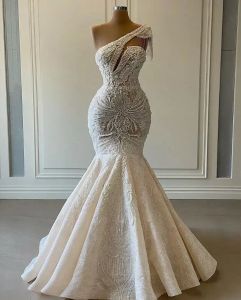 Plus size árabe aso ebi luxuoso laço frisado vestido de casamento um ombro sereia vestidos de noiva vestidos de casamento vintage