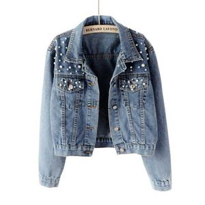 Jaquetas femininas denim mulheres outono jean jaquetas pérola casaco manga outerwear 240305