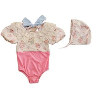 Bademode Baby Mädchen Badeanzug Sommer Spitze ONeck Rückenfreie Badebekleidung mit Hut Kinder Einteiler Kinder Mädchen Rosa Grün Badekleidung CC153