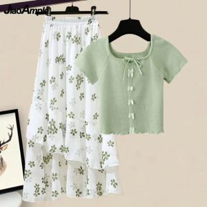 Suits Women's Summer Chic Floral Chiffon Skirts Bow T Shirt Two Pieces Set 2023 Korean Student Sweet Green Short Sleeve Ladies Clothes