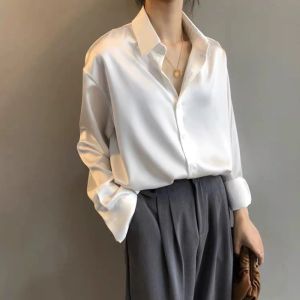 Skjorta 2022 Spring Autumn Solid Color Satin Shirt Elegant Slim Blouse For Women Loose Open Stitch Tops Korean Turndown Collar Clothing