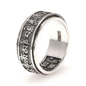 Real 925 Sterling Silver Vintage Rings For Men Rotatable Tibetan Six Words Mantra Om Mani Padme Hum Buddhist Jewelry 240220