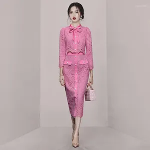 Work Dresses Autumn 2024 Luxury Women's Set Button Pink Lace Hollow Crop Top Cardigan High Waist Long Skirt 2 Piece Outfits Q404
