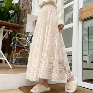 Dresses 2021 Elastic Casual High Waist Lace Skirts Women Summer New Korean Aline Black Fine Sand Net Long Sweet Female Skirt H149